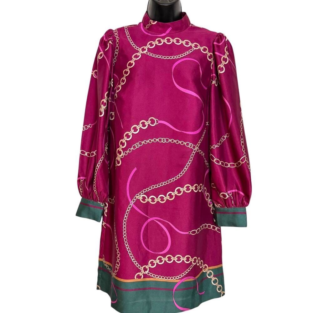 Ann Taylor Chain Print Mock Neck Shift Dress Frosted Cranberry Long Sleeve Satin